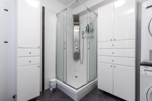里耶卡SkyRiver的浴室设有玻璃淋浴间和白色橱柜