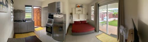 TaravaoJorsen House Tahiti 2 : bungalow confortable的厨房配有不锈钢冰箱和窗户