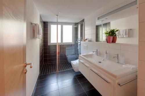 采尔马特粉雪公寓的浴室配有卫生间、盥洗盆和淋浴。