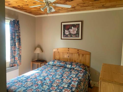 Georgetown布鲁德内尔航道木屋的一间卧室配有一张床和吊扇