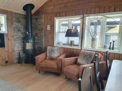 LifjellWonderful cabin with amazing mountain - view的客厅配有两把椅子和炉灶