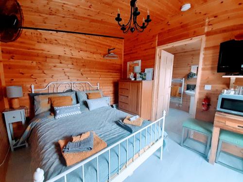 MochdreThe Hut B & B的小木屋内一间卧室,配有一张床