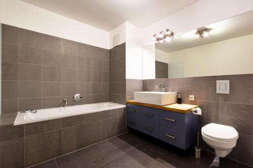 格但斯克Central Apartments Szafarnia Gold 7/71的带浴缸、卫生间和盥洗盆的浴室