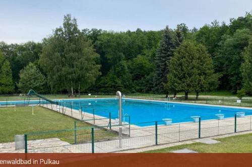 PulkauAlte Seifensiederei zu Pulkau的公园里一座带楼梯的大型蓝色游泳池