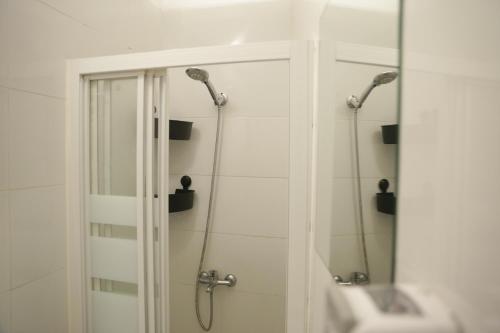 马拉加Terraza del Limonar的带淋浴、盥洗盆和镜子的浴室