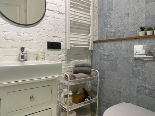 克莱佩达Cozy and bright Šaulių studio in Klaipeda的浴室设有白色水槽和镜子