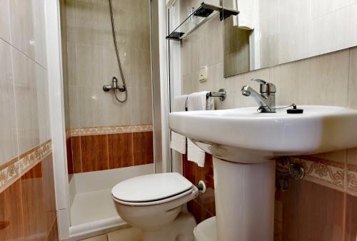 桑特费柳德吉克索尔斯HOSTAL RIGAU的一间带水槽、卫生间和淋浴的浴室