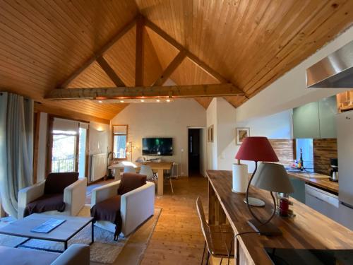 康村La villa dans les pins的一间带木制天花板的客厅和一间餐厅