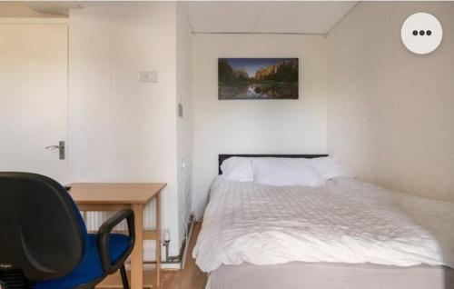 查塔姆Medway luxury Retreat free parking free wi-fi的一间卧室配有一张床、一张桌子和一把椅子