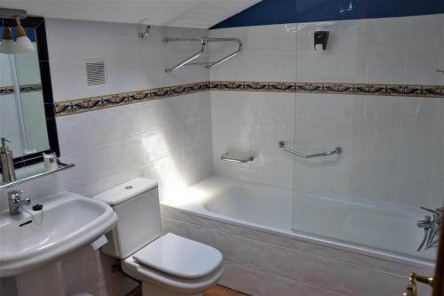 帕伦西亚Hostal Infanta Doña Leonor的浴室配有卫生间、浴缸和水槽。