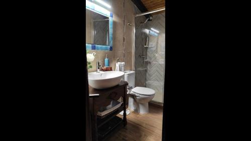 埃尔瓦Apartamentos Rurales Fuente Chiquita的浴室配有白色水槽和卫生间。