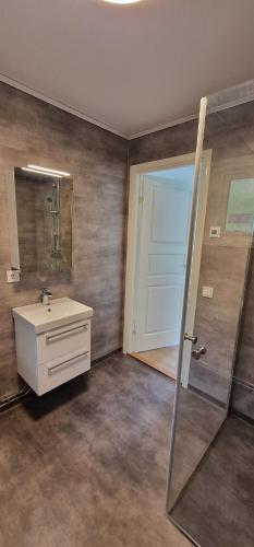 孙讷Nygård Cabins - brandnew holiday home with 3 bedrooms的一间带水槽、镜子和门的浴室