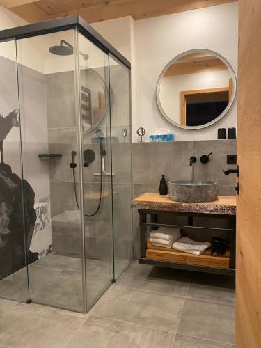 坦海姆Mountain Moments Tannheim - Familie Weber的带淋浴、水槽和镜子的浴室