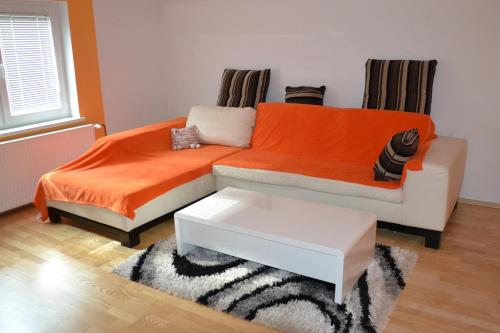卢斯Apartma ob potoku的客厅配有带橙色毯子的床