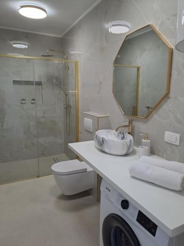 萨利Bella Luxury Apartment的一间带水槽、卫生间和镜子的浴室