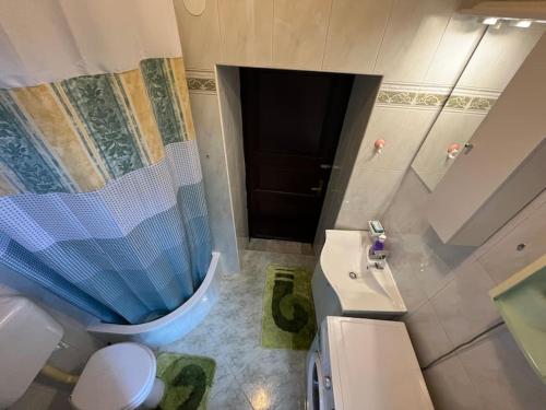 拉斯托伏Studio Apartman Ana的带淋浴、卫生间和盥洗盆的浴室