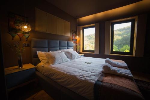 派瓦堡Rio Moment's的一间卧室设有一张大床和两个窗户。