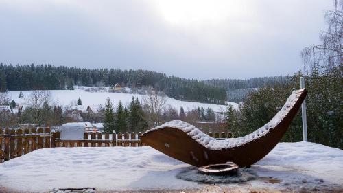 UnterkirnachEntire House in Schwarzwald with mountain view, private Sauna, Gym, Garden and Terraces的雪中盖着雪盖的吉他雕像