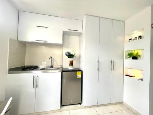 巴兰基亚Aparta estudios nuevos Mubarak的厨房配有白色橱柜和不锈钢冰箱