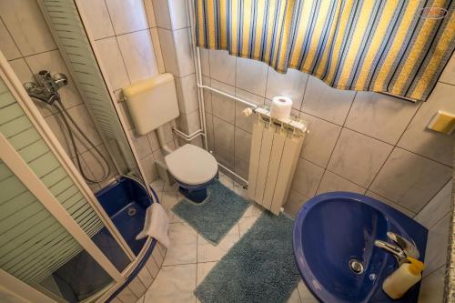 拉布Apartments by the sea Supetarska Draga - Gornja, Rab - 21380的浴室配有蓝色水槽和卫生间。