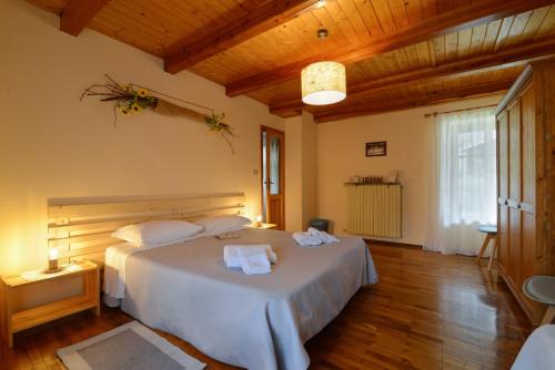 Villar PelliceBed & Breakfast Ai Fontana的一间带一张大床的卧室,位于一个拥有木制天花板的房间