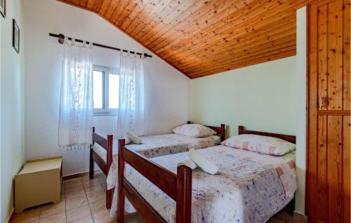 尼亚卢卡3 Bedroom Awesome Home In Pelegrin的一间卧室设有两张床和木制天花板