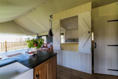 兰彼得Canvas & Campfires的帐篷内的厨房和客厅(带一张床)