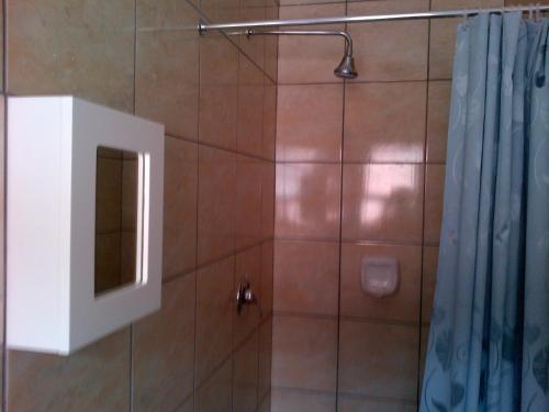 约翰内斯堡西萨姆宾馆的带淋浴、卫生间和窗户的浴室