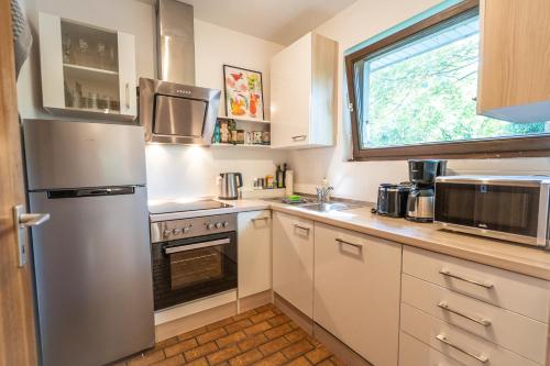 蒂宾根朗哈默尔公寓的厨房配有不锈钢冰箱和窗户