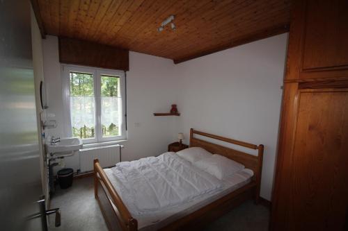 勒邦翁Gîte Les Jonquilles的一间卧室设有一张床和一个窗口