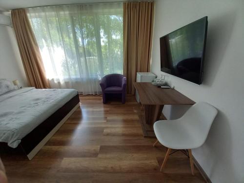 比斯特里察4 Seasons Apartments的一间卧室配有一张床、一张书桌和一台电视