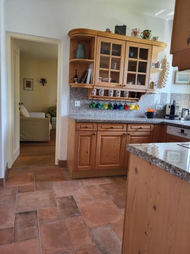 隆科索普拉阿斯科纳Holiday Home Villetta Irma by Interhome的厨房配有木制橱柜和瓷砖地板。