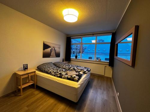 雷克雅未克Johann´s Guesthouse的一间卧室设有一张床和一个大窗户