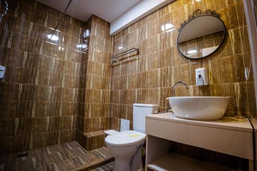 TunariiBliss Inn Tunari的一间带水槽、卫生间和镜子的浴室