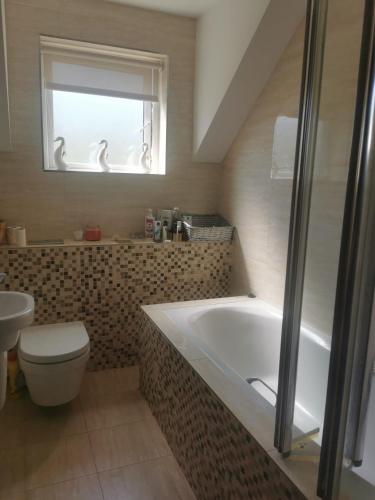 Canaima House的带浴缸、卫生间和窗户的浴室