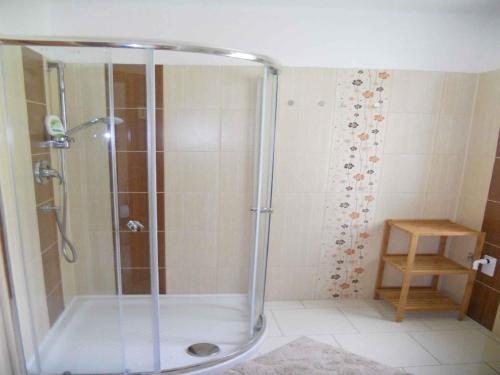 韦尔卡乌帕Holiday home in Pec pod Snezkou 2156的浴室里设有玻璃门淋浴