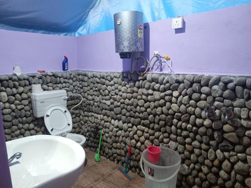 SaturangBaspa Valley Adventure Camp的一间带卫生间和岩石墙的浴室