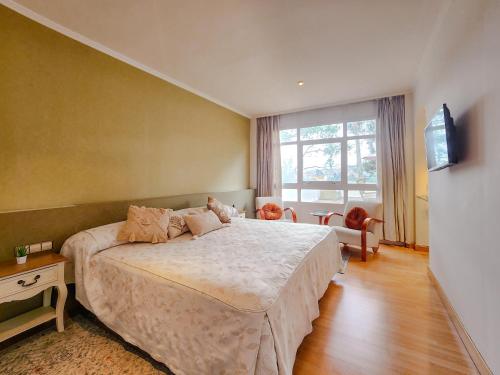 佩里洛Hotel Faranda Rías Altas的一间卧室配有一张大床和电视