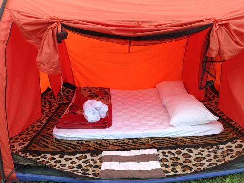 金塔马尼Kintamani Adventure Hidden Lodge的帐篷里的一张床位,上面有动物填充物