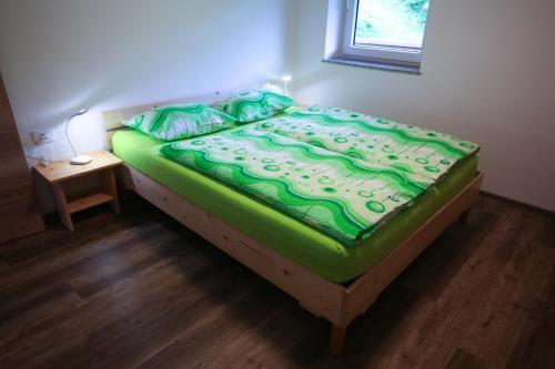 Srednja Vas v BohinjuApartma Gorski razgled的一张床上的床铺,上面有绿毯