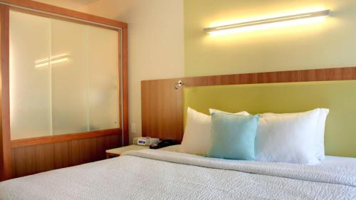 MoosicSpringHill Suites by Marriott Scranton Montage Mountain的酒店的客房 - 带蓝色和白色枕头的床
