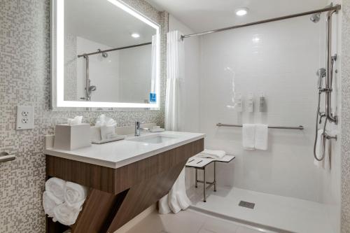 班戈Home2 Suites by Hilton Bangor的一间带水槽和淋浴的浴室