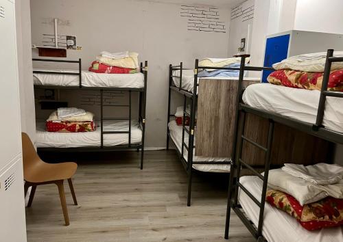 海牙金鹳青年旅舍的一间设有一张双层床的房间