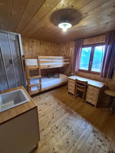 比尔塞贝格Burtscha Lodge im Sommer inklusive der Gästekarte Premium的一间带双层床和水槽的卧室以及一间厨房