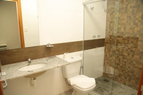 贝洛奥里藏特Rede Andrade Pampulha的浴室配有卫生间、盥洗盆和淋浴。