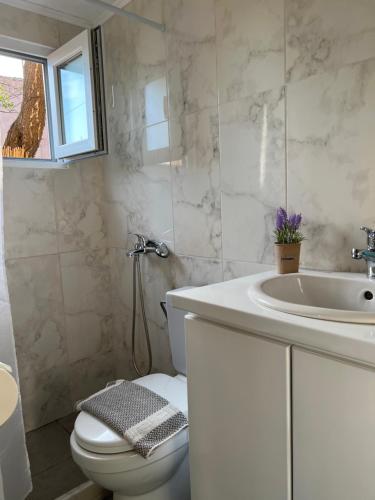 卡诺尼Vasiliki Little House的白色的浴室设有卫生间和水槽。