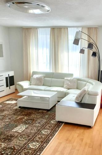 弗罗伊登施塔特Blackforest FeWo的客厅配有白色沙发和地毯。