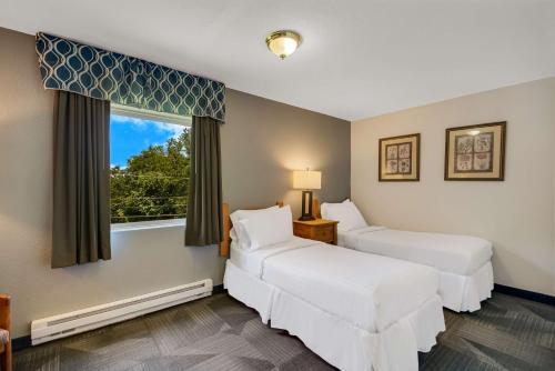 伯克利斯普林斯SureStay Plus Hotel by Best Western Berkeley Springs的带窗户的客房内的两张床