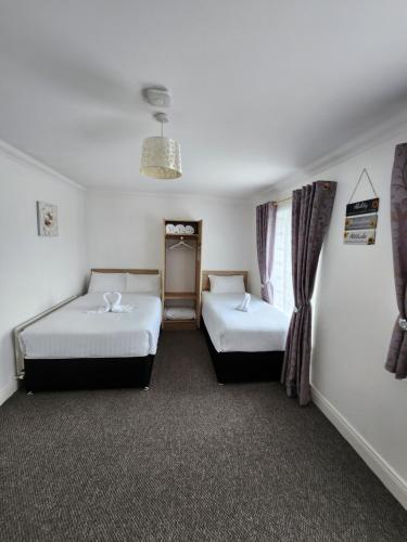 都柏林New room with free minibar&tea&coffee的客房设有两张床和窗户。