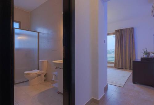 艾因苏赫纳Safty Palm Oasis Private Pool & Beach Access的一间带卫生间、水槽和窗户的浴室